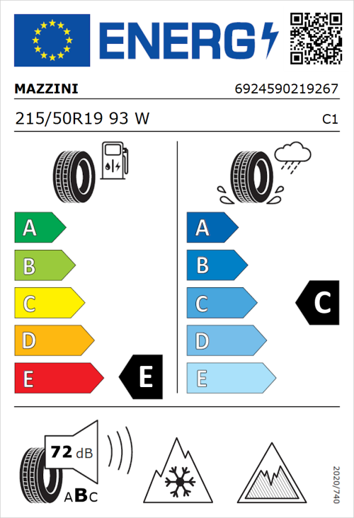 Tyre Label for Mazzini Versat-AS8 215/50R19 93W