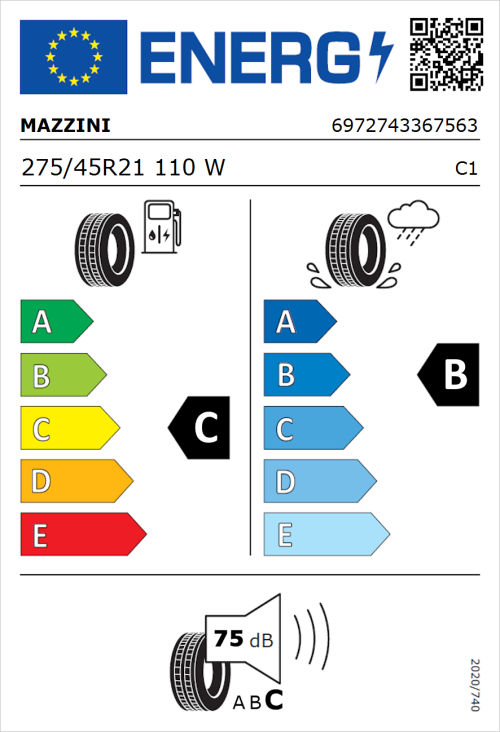 Tyre Label for Mazzini Eco 602 275/45R21 110W